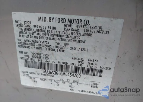 2021 Ford Ecosport Se z USA, uszkodzony, nr VIN MAJ6S3GL0MC454703